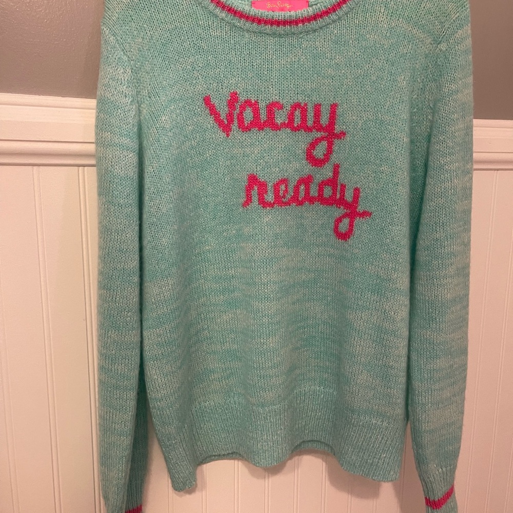 Lilly Pulitzer Aqua and Pink Crew Neck Sweater